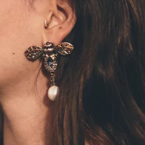 Anthropologie Jewelry - Vintage Gold and Black Bee Earrings with Pearl Drop